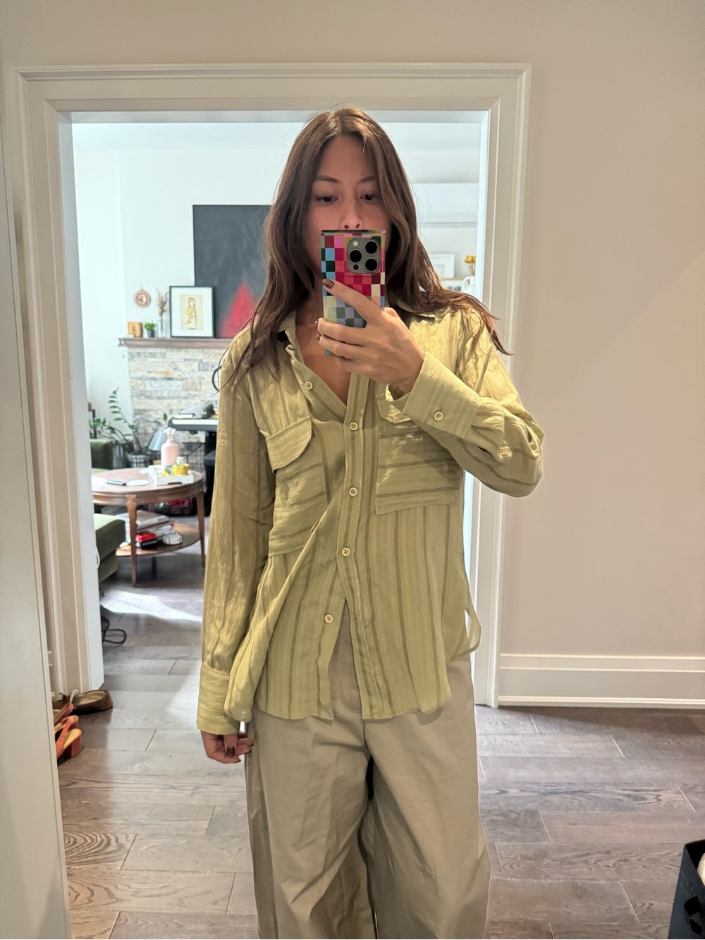 Zara Light Olive Button-Front Utility Shirt - Women
